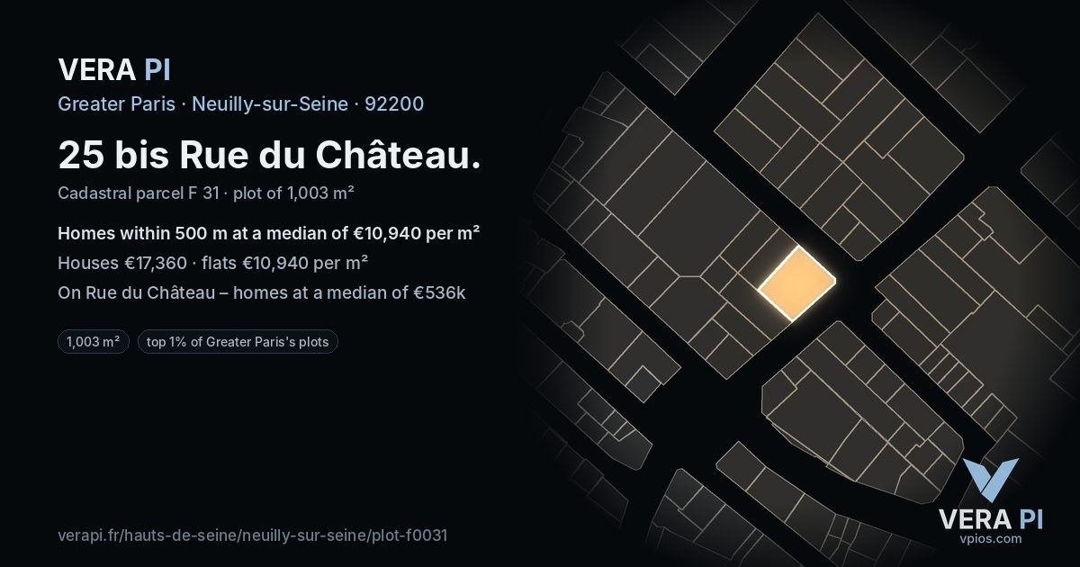 25 bis Rue du Château, Neuilly-sur-Seine at night – the plot lit, the parcels around coloured by the prices near them