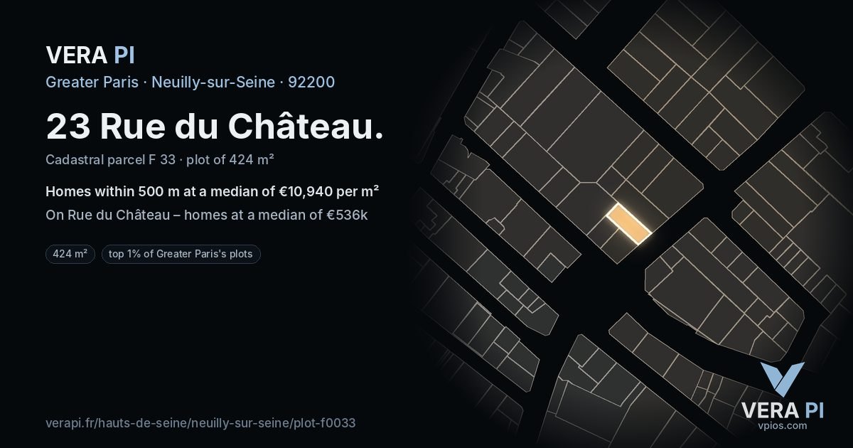 23 Rue du Château, Neuilly-sur-Seine at night – the plot lit, the parcels around coloured by the prices near them