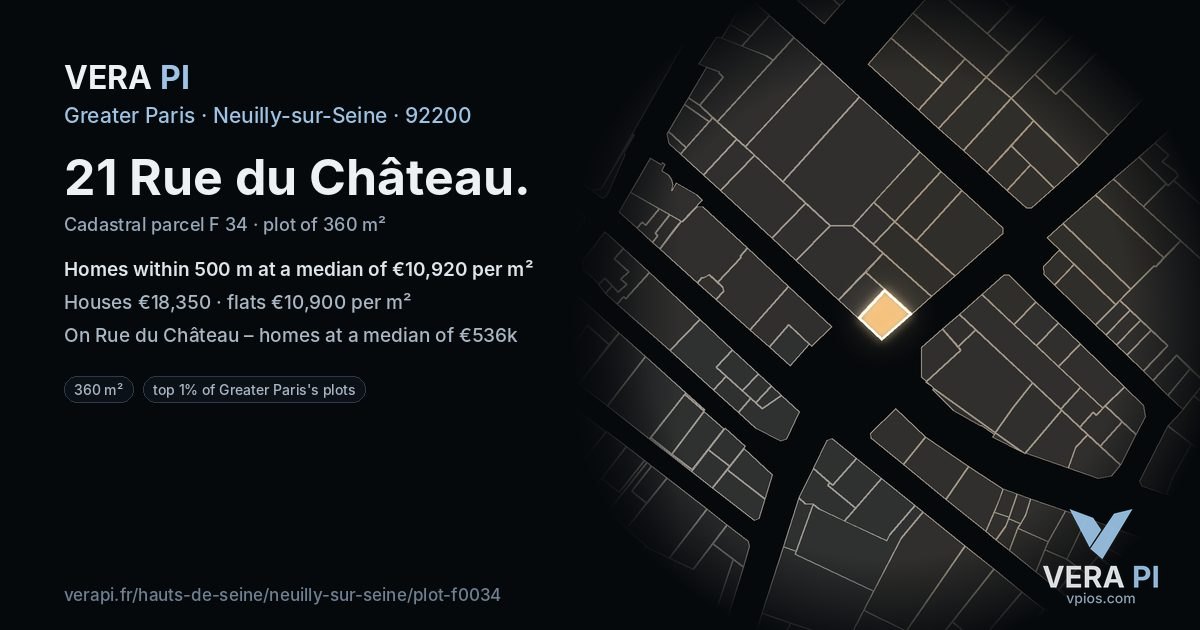 21 Rue du Château, Neuilly-sur-Seine at night – the plot lit, the parcels around coloured by the prices near them