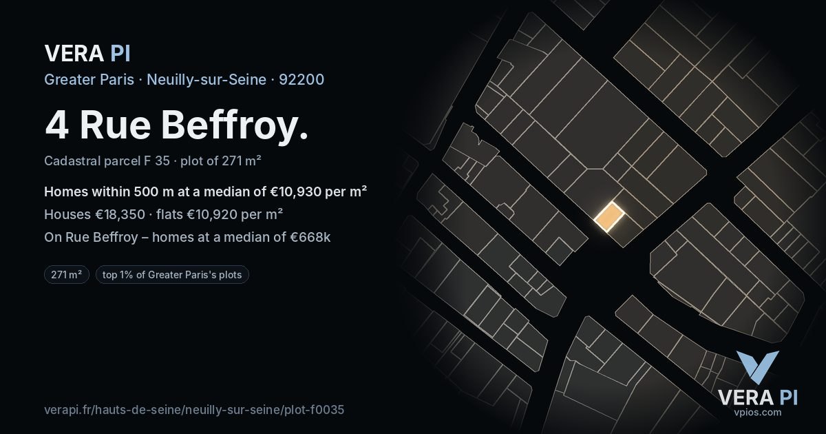 4 Rue Beffroy, Neuilly-sur-Seine at night – the plot lit, the parcels around coloured by the prices near them