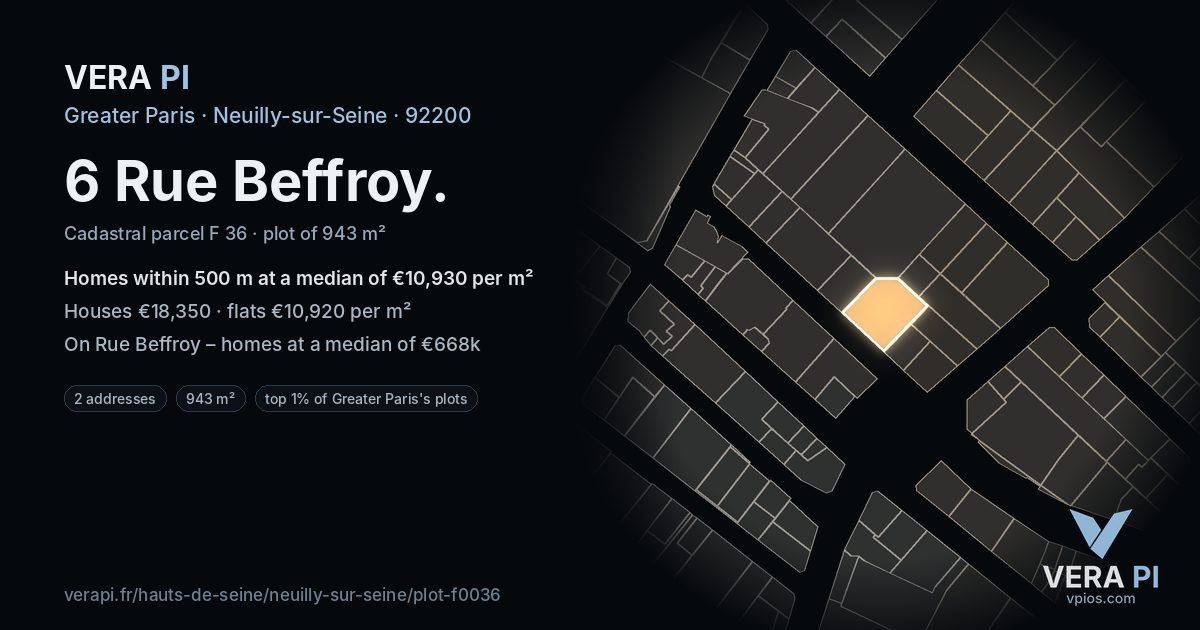 6 Rue Beffroy, Neuilly-sur-Seine at night – the plot lit, the parcels around coloured by the prices near them