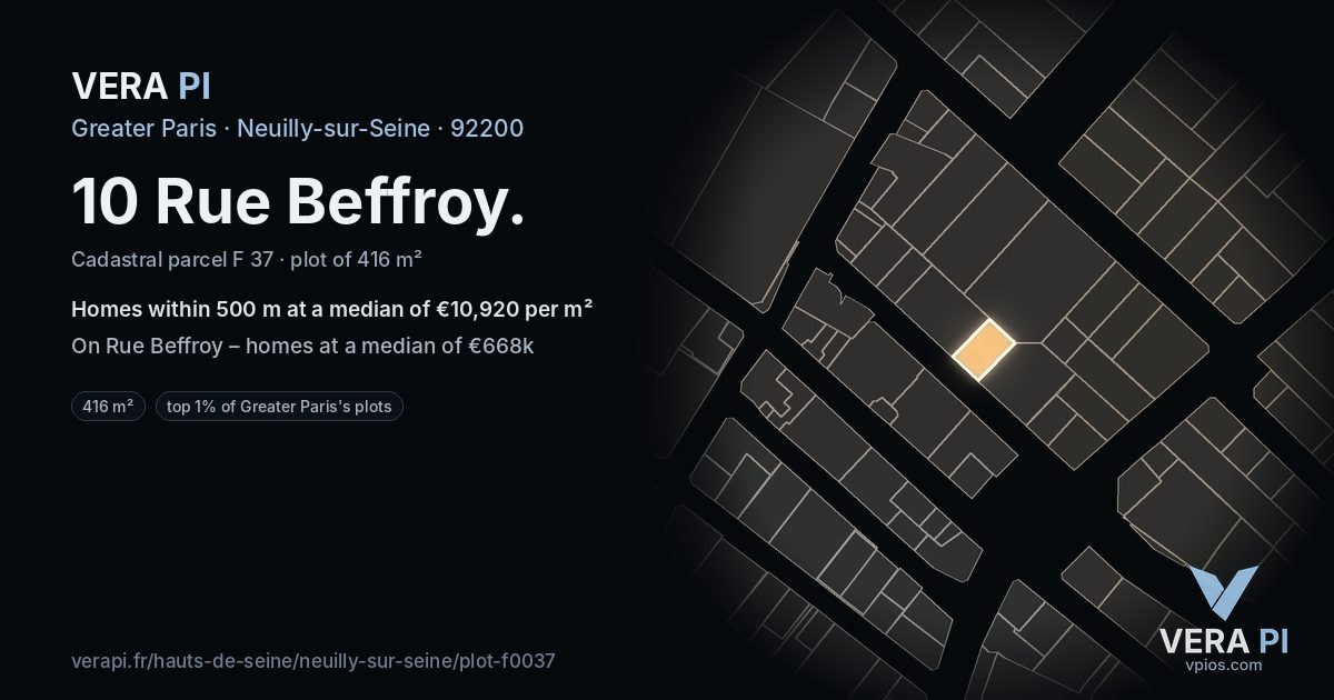 10 Rue Beffroy, Neuilly-sur-Seine at night – the plot lit, the parcels around coloured by the prices near them