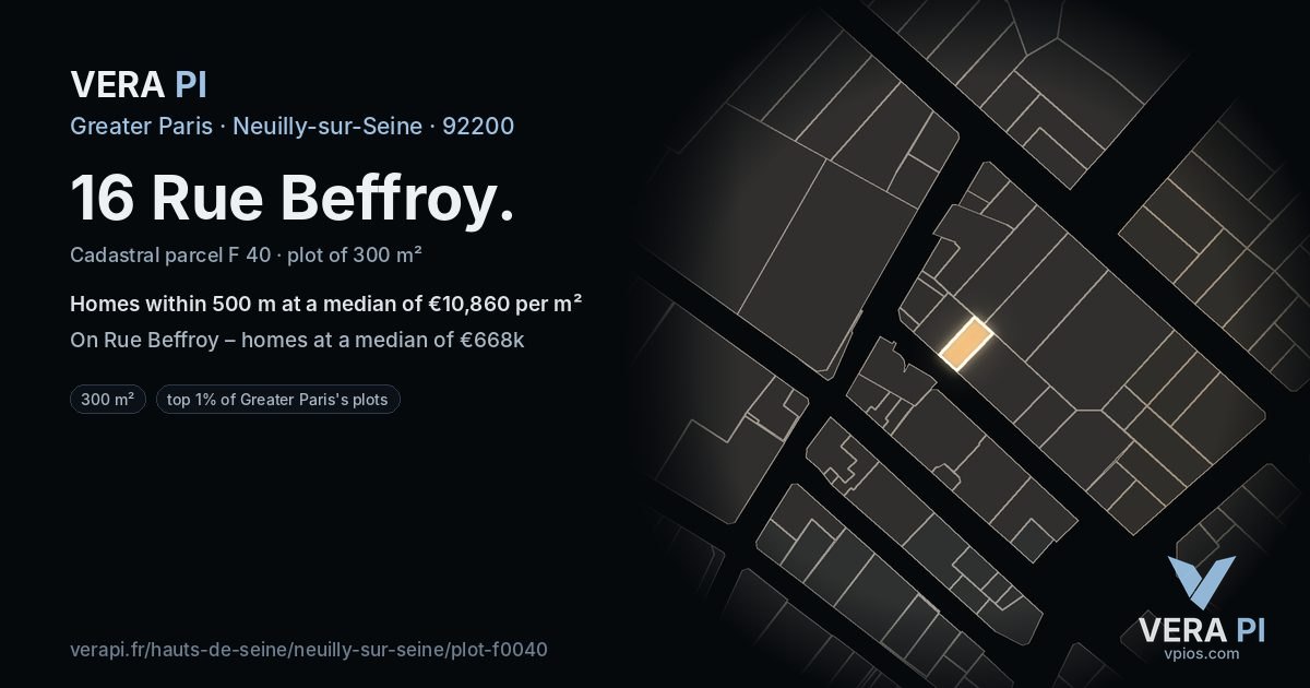 16 Rue Beffroy, Neuilly-sur-Seine at night – the plot lit, the parcels around coloured by the prices near them