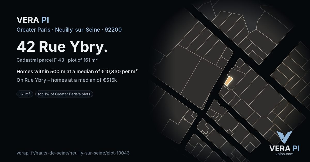 42 Rue Ybry, Neuilly-sur-Seine at night – the plot lit, the parcels around coloured by the prices near them