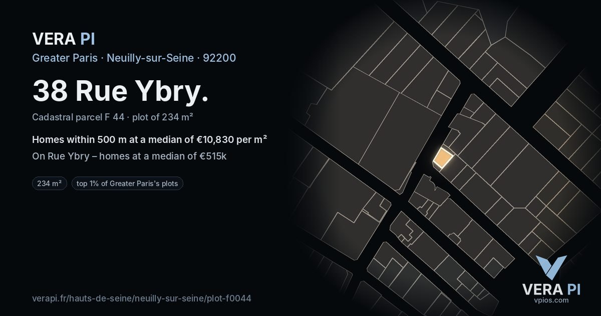 38 Rue Ybry, Neuilly-sur-Seine at night – the plot lit, the parcels around coloured by the prices near them