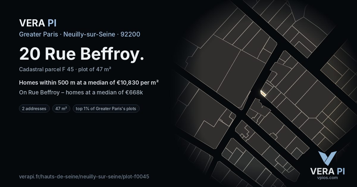 20 Rue Beffroy, Neuilly-sur-Seine at night – the plot lit, the parcels around coloured by the prices near them