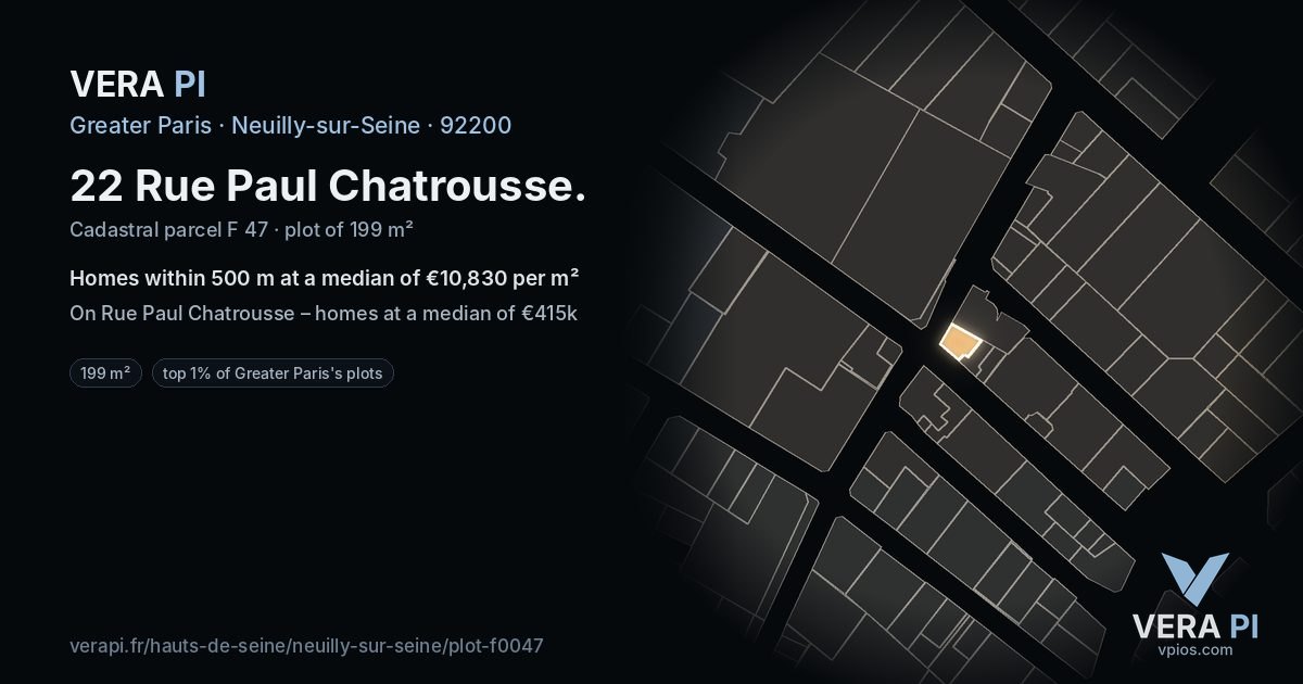 22 Rue Paul Chatrousse, Neuilly-sur-Seine at night – the plot lit, the parcels around coloured by the prices near them