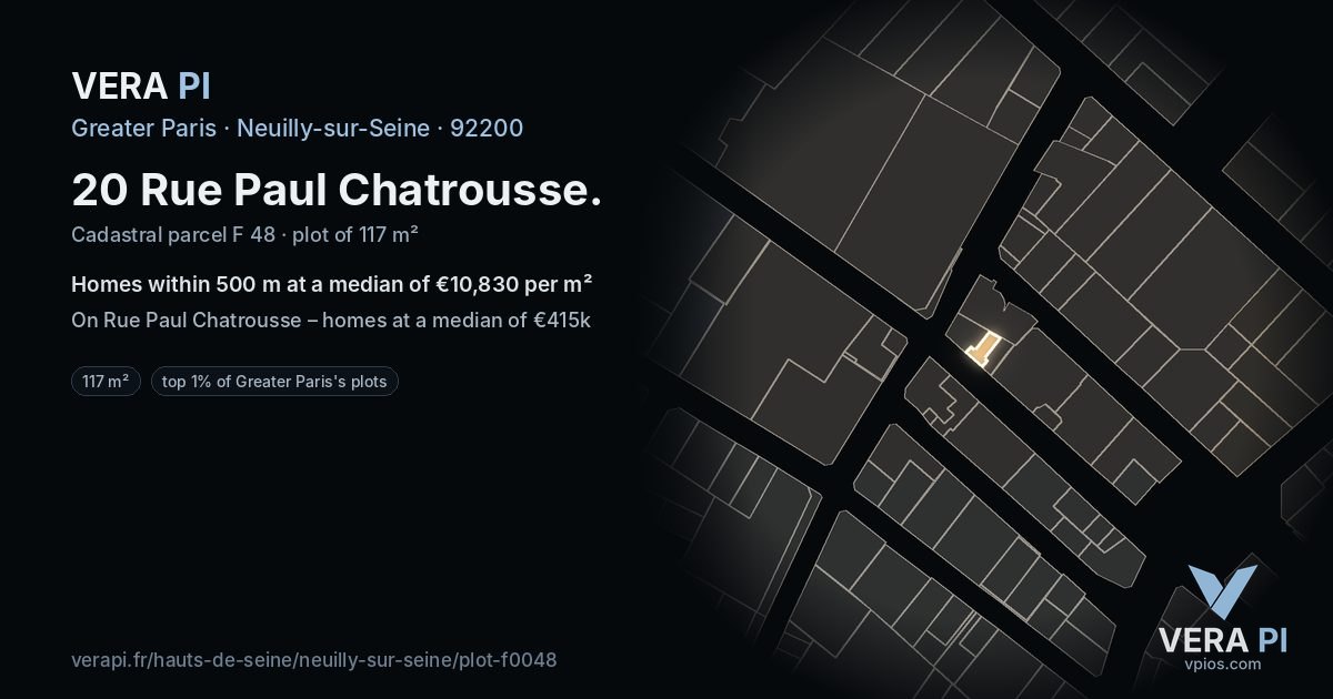 20 Rue Paul Chatrousse, Neuilly-sur-Seine at night – the plot lit, the parcels around coloured by the prices near them