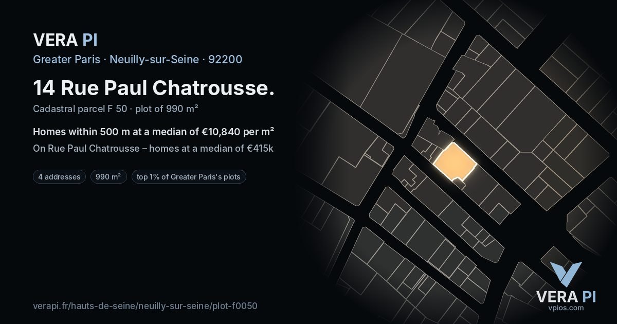 14 Rue Paul Chatrousse, Neuilly-sur-Seine at night – the plot lit, the parcels around coloured by the prices near them