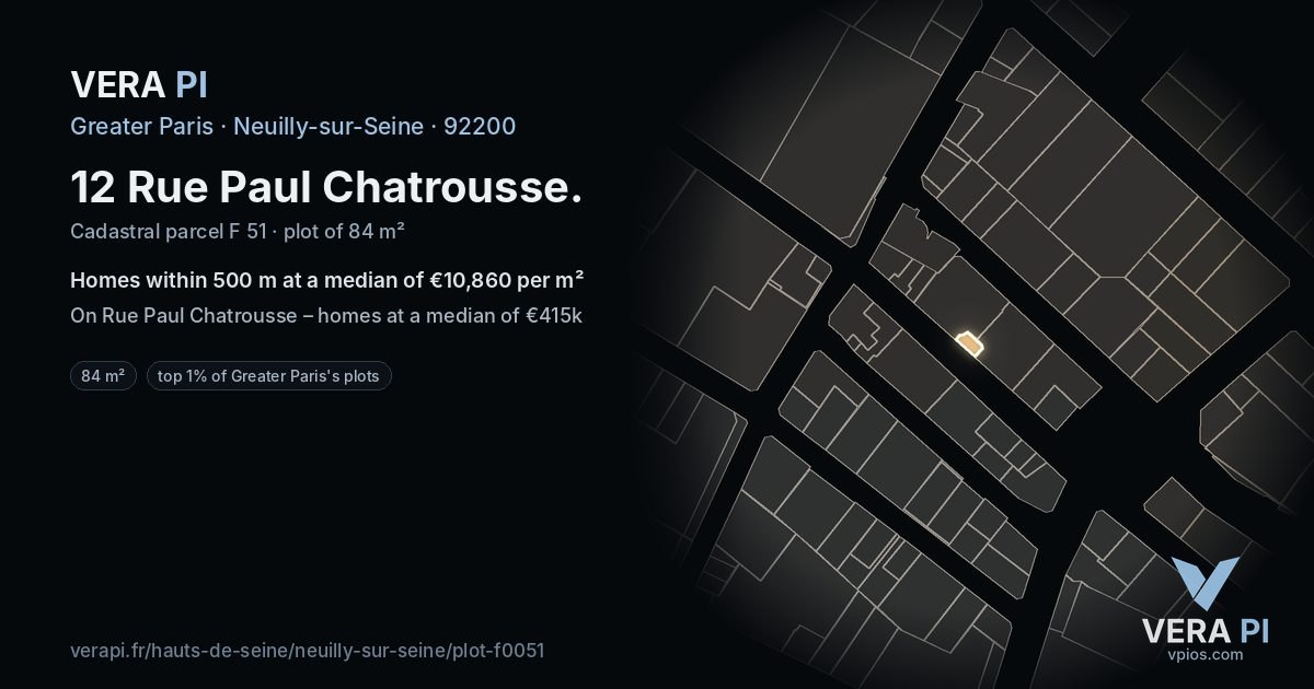 12 Rue Paul Chatrousse, Neuilly-sur-Seine at night – the plot lit, the parcels around coloured by the prices near them