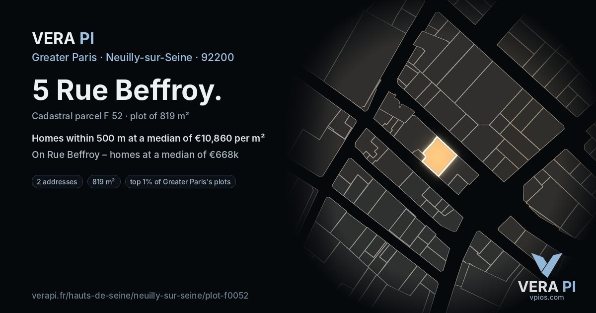 5 Rue Beffroy, Neuilly-sur-Seine at night – the plot lit, the parcels around coloured by the prices near them