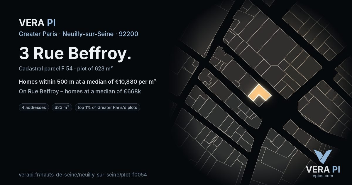 3 Rue Beffroy, Neuilly-sur-Seine at night – the plot lit, the parcels around coloured by the prices near them