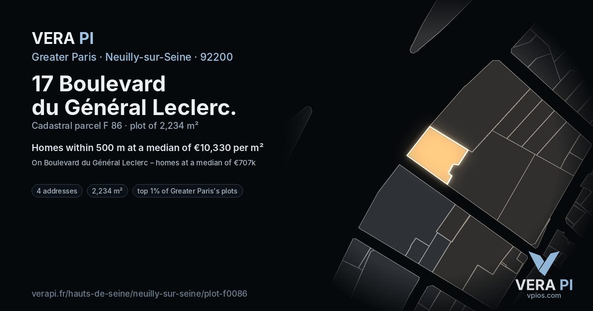 17 Boulevard du Général Leclerc, Neuilly-sur-Seine at night – the plot lit, the parcels around coloured by the prices near them