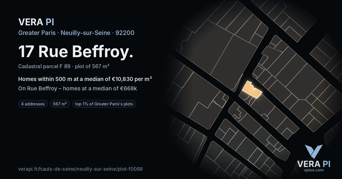 17 Rue Beffroy, Neuilly-sur-Seine at night – the plot lit, the parcels around coloured by the prices near them