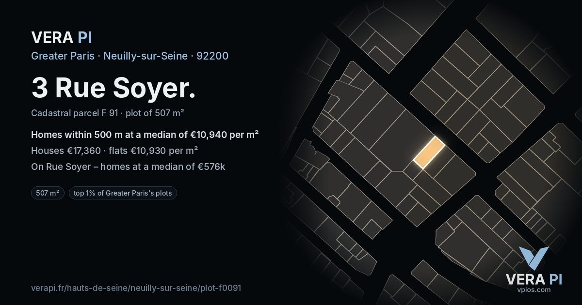3 Rue Soyer, Neuilly-sur-Seine at night – the plot lit, the parcels around coloured by the prices near them