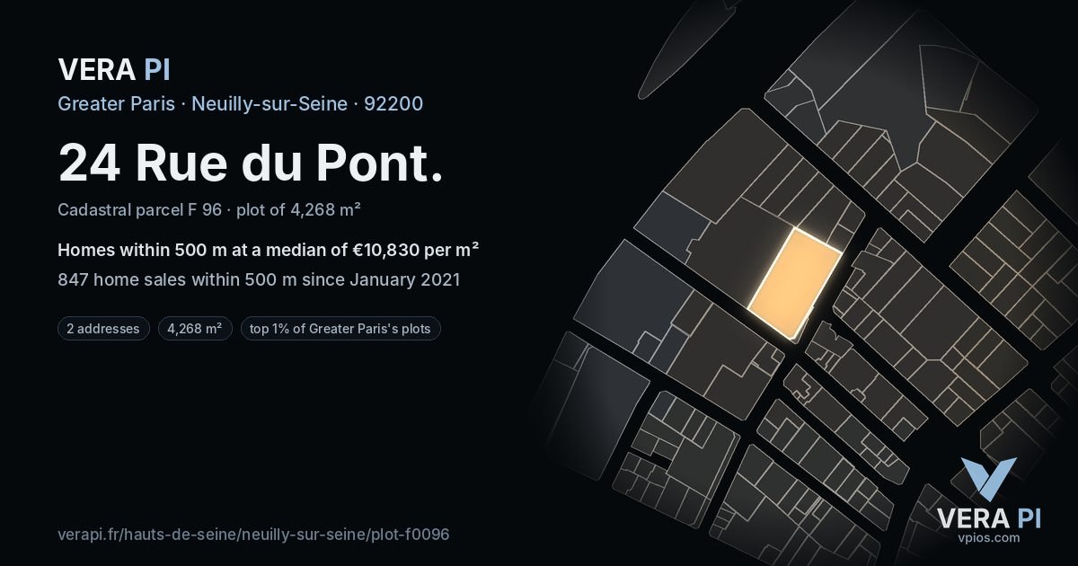 24 Rue du Pont, Neuilly-sur-Seine at night – the plot lit, the parcels around coloured by the prices near them