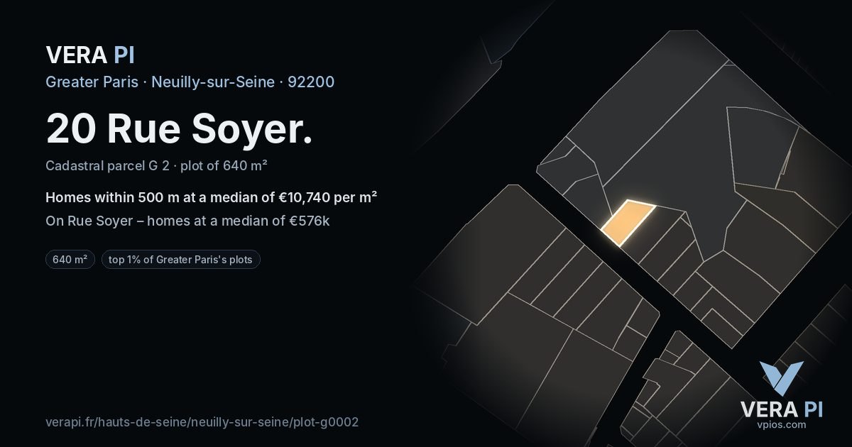 20 Rue Soyer, Neuilly-sur-Seine at night – the plot lit, the parcels around coloured by the prices near them