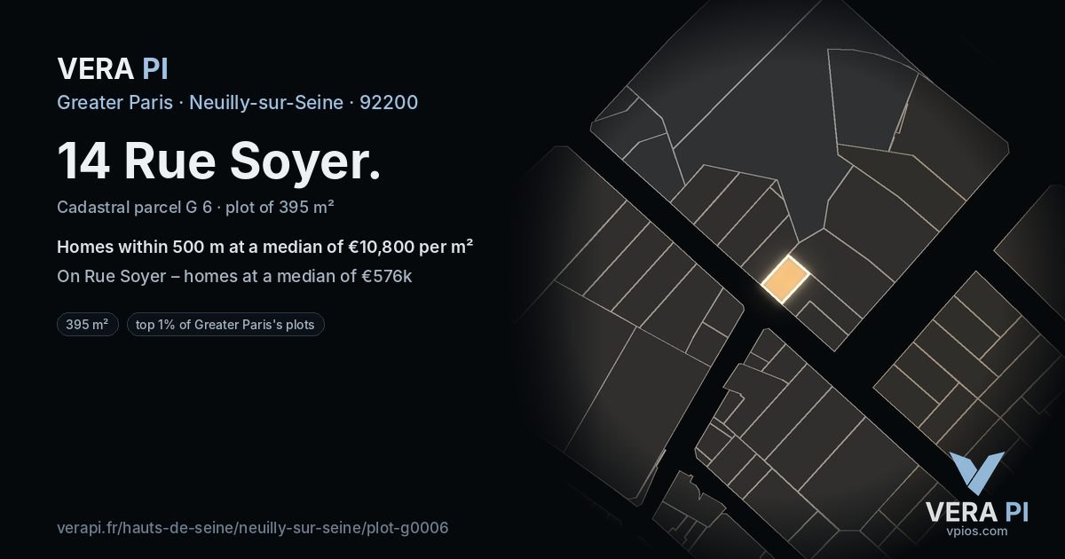 14 Rue Soyer, Neuilly-sur-Seine at night – the plot lit, the parcels around coloured by the prices near them