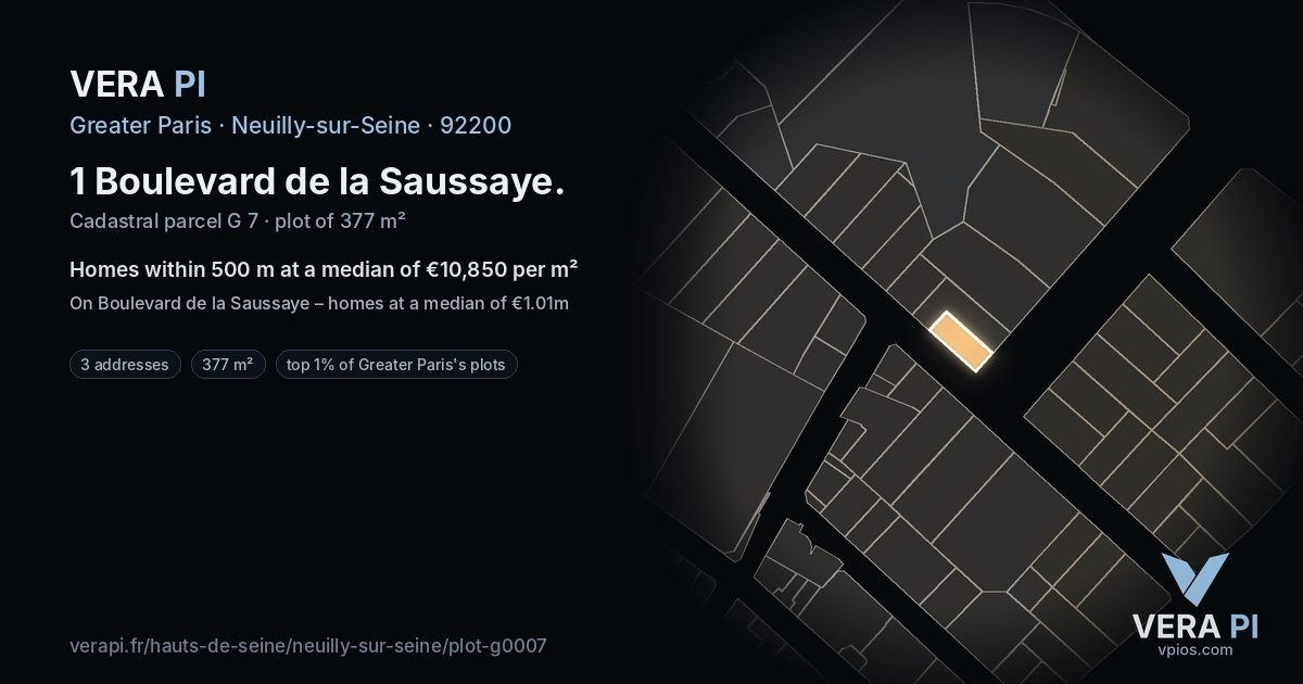 1 Boulevard de la Saussaye, Neuilly-sur-Seine at night – the plot lit, the parcels around coloured by the prices near them