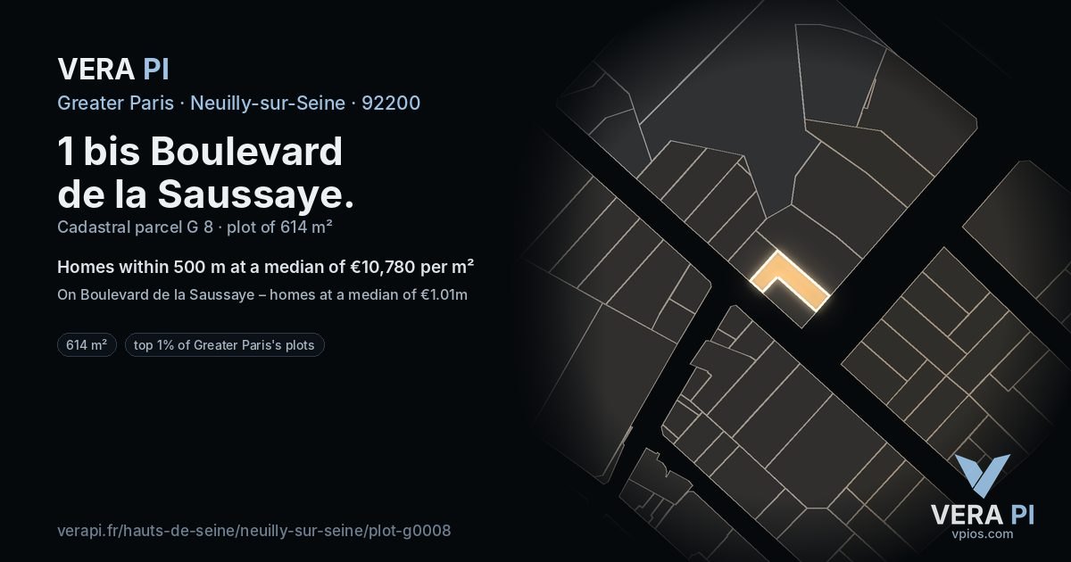 1 bis Boulevard de la Saussaye, Neuilly-sur-Seine at night – the plot lit, the parcels around coloured by the prices near them