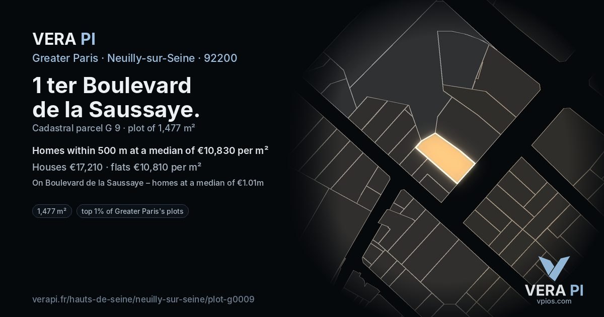 1 ter Boulevard de la Saussaye, Neuilly-sur-Seine at night – the plot lit, the parcels around coloured by the prices near them
