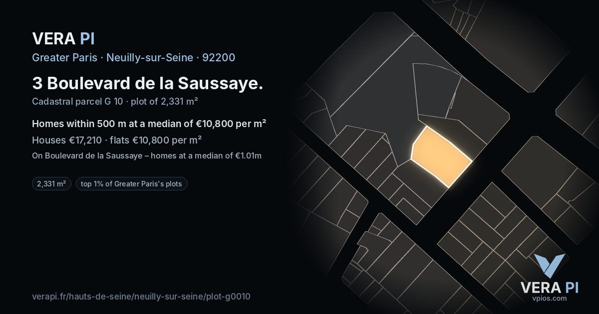 3 Boulevard de la Saussaye, Neuilly-sur-Seine at night – the plot lit, the parcels around coloured by the prices near them
