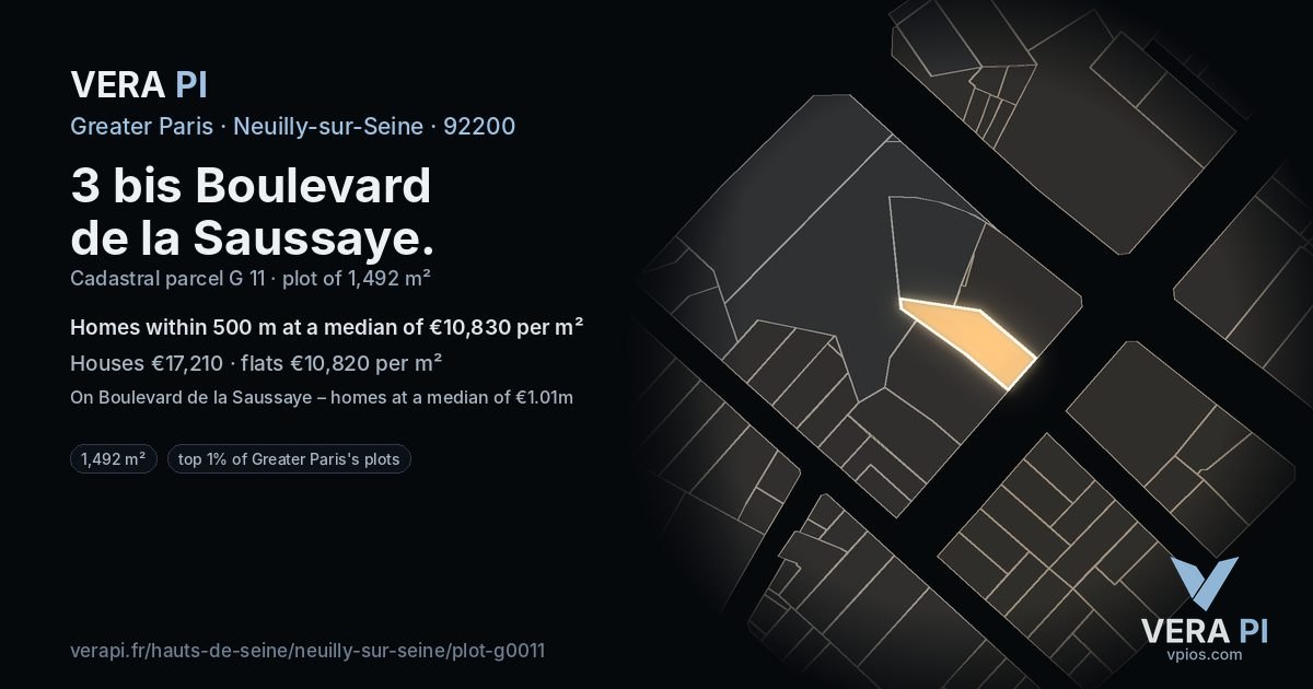 3 bis Boulevard de la Saussaye, Neuilly-sur-Seine at night – the plot lit, the parcels around coloured by the prices near them