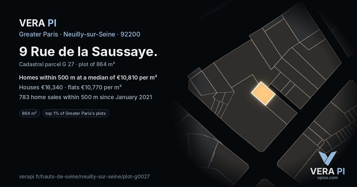 9 Rue de la Saussaye, Neuilly-sur-Seine at night – the plot lit, the parcels around coloured by the prices near them