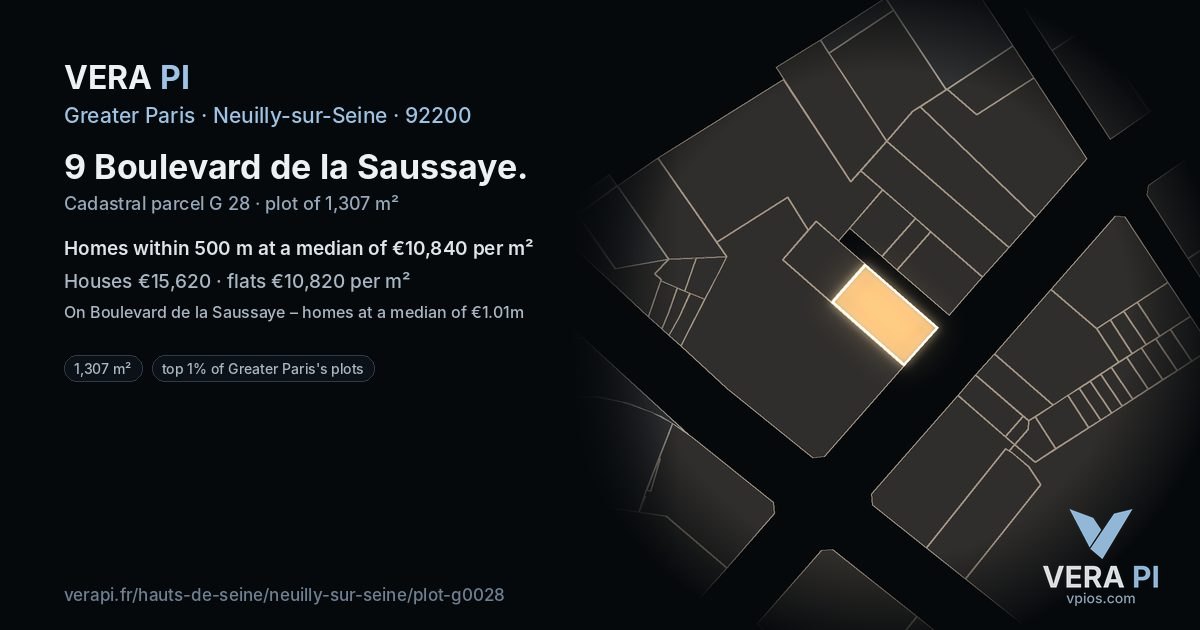 9 Boulevard de la Saussaye, Neuilly-sur-Seine at night – the plot lit, the parcels around coloured by the prices near them