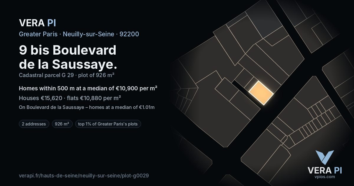 9 bis Boulevard de la Saussaye, Neuilly-sur-Seine at night – the plot lit, the parcels around coloured by the prices near them
