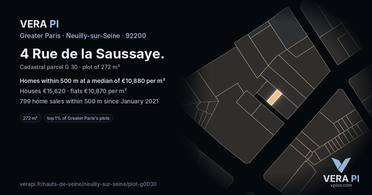 4 Rue de la Saussaye, Neuilly-sur-Seine at night – the plot lit, the parcels around coloured by the prices near them