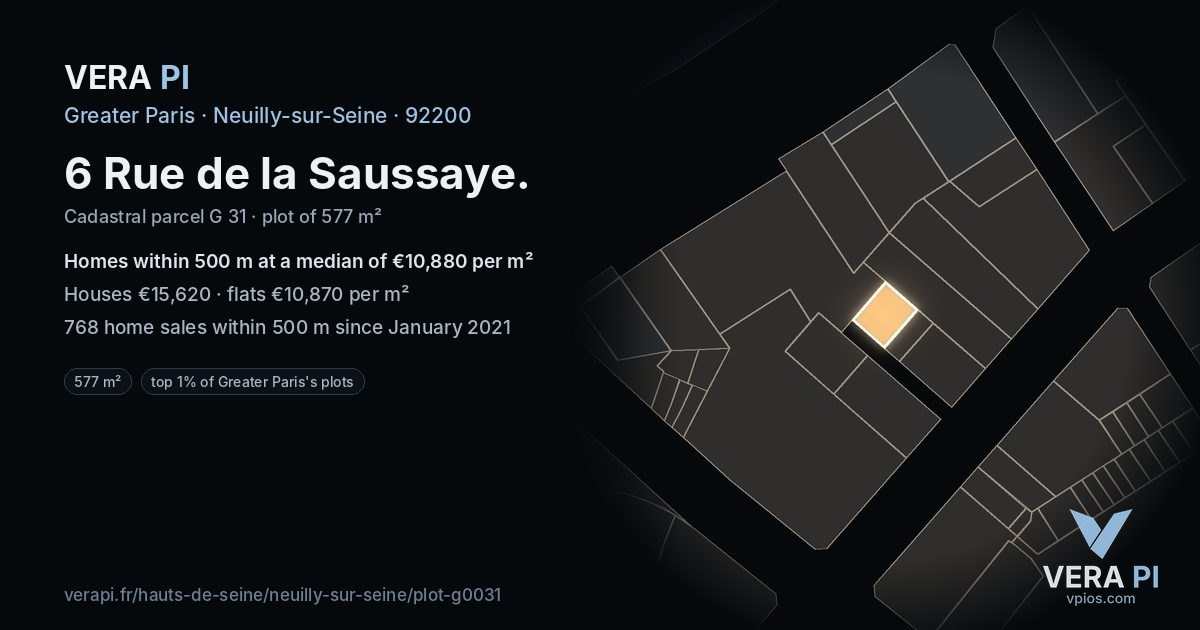 6 Rue de la Saussaye, Neuilly-sur-Seine at night – the plot lit, the parcels around coloured by the prices near them