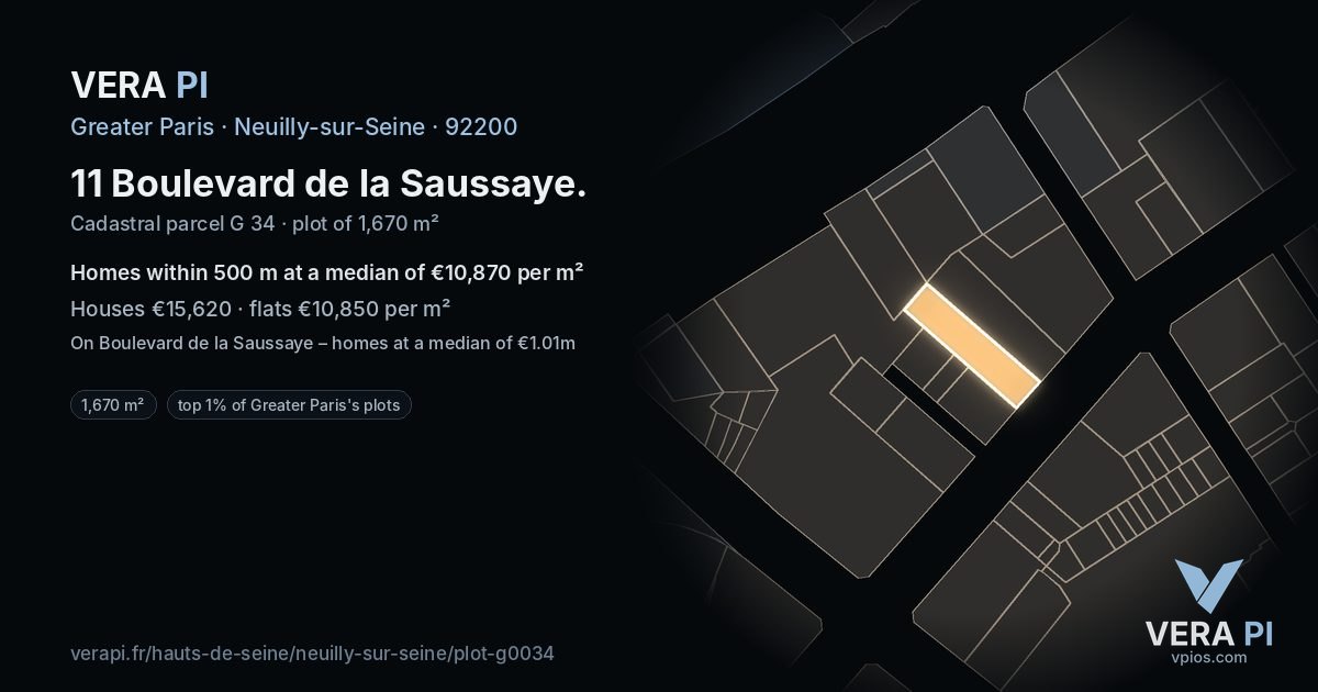 11 Boulevard de la Saussaye, Neuilly-sur-Seine at night – the plot lit, the parcels around coloured by the prices near them