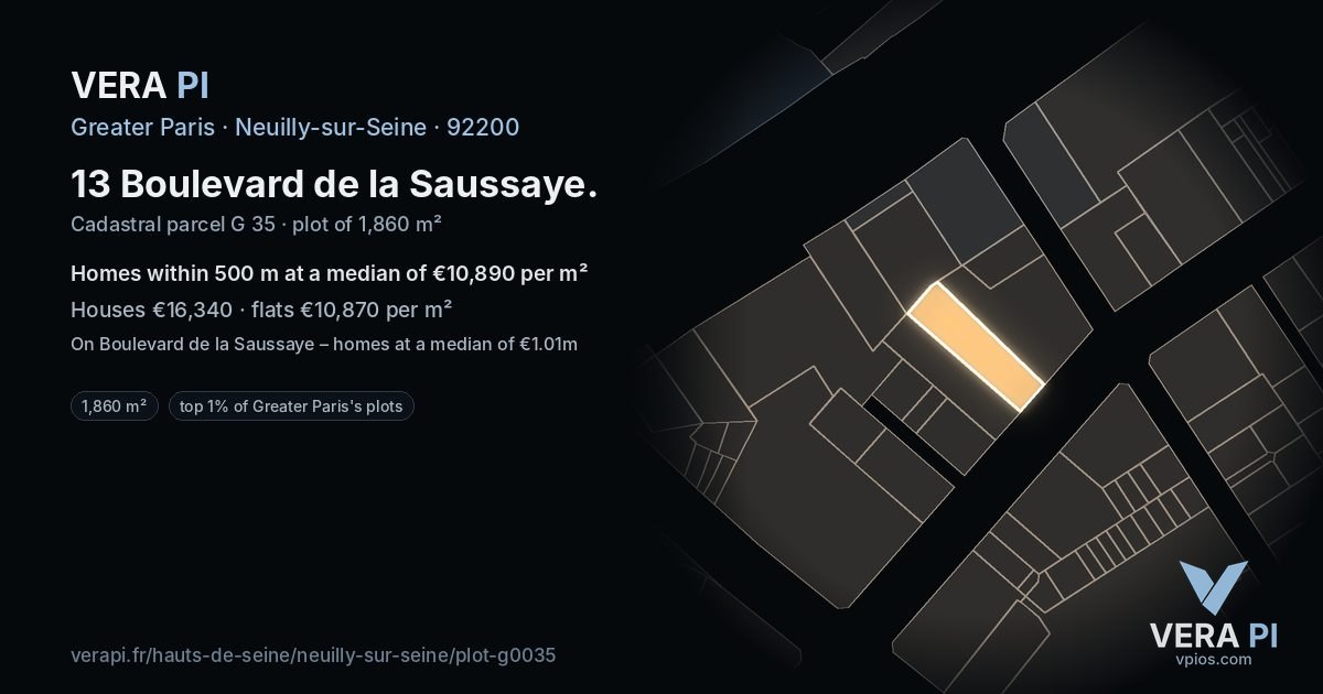 13 Boulevard de la Saussaye, Neuilly-sur-Seine at night – the plot lit, the parcels around coloured by the prices near them