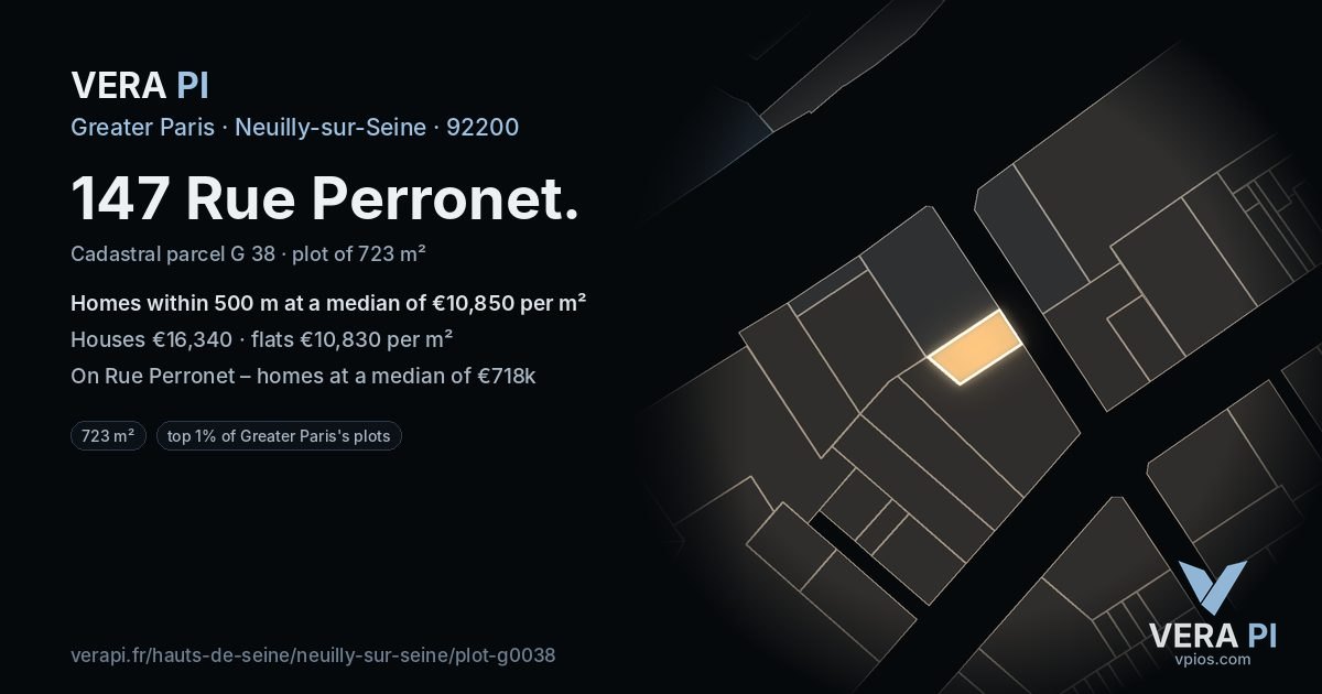 147 Rue Perronet, Neuilly-sur-Seine at night – the plot lit, the parcels around coloured by the prices near them