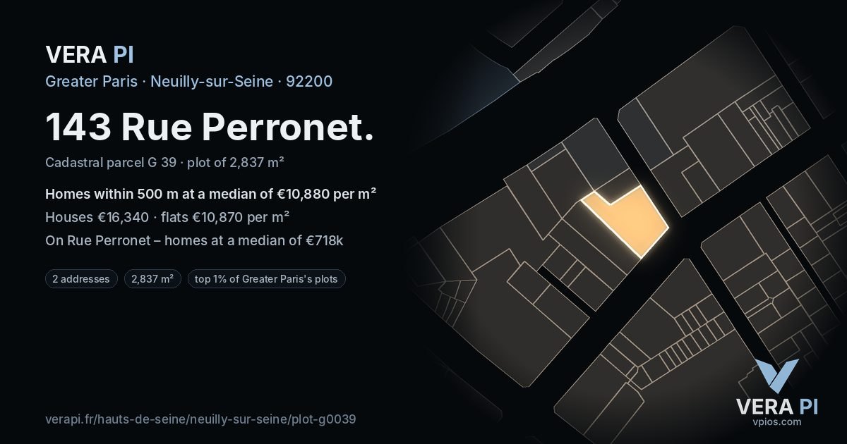 143 Rue Perronet, Neuilly-sur-Seine at night – the plot lit, the parcels around coloured by the prices near them