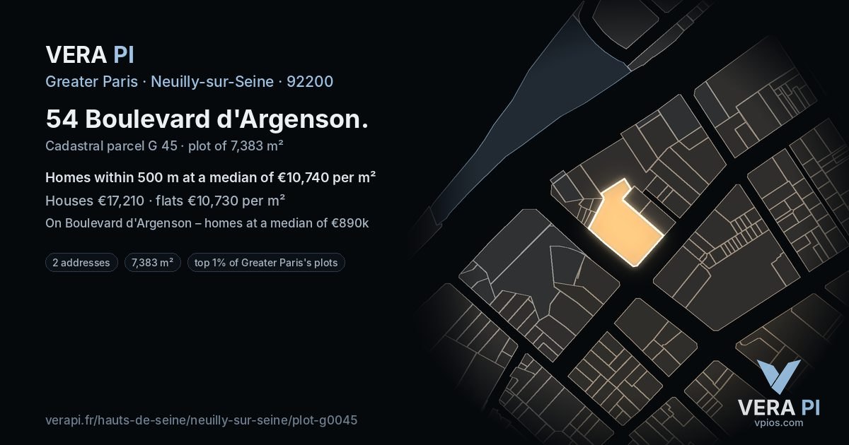 54 Boulevard d'Argenson, Neuilly-sur-Seine at night – the plot lit, the parcels around coloured by the prices near them