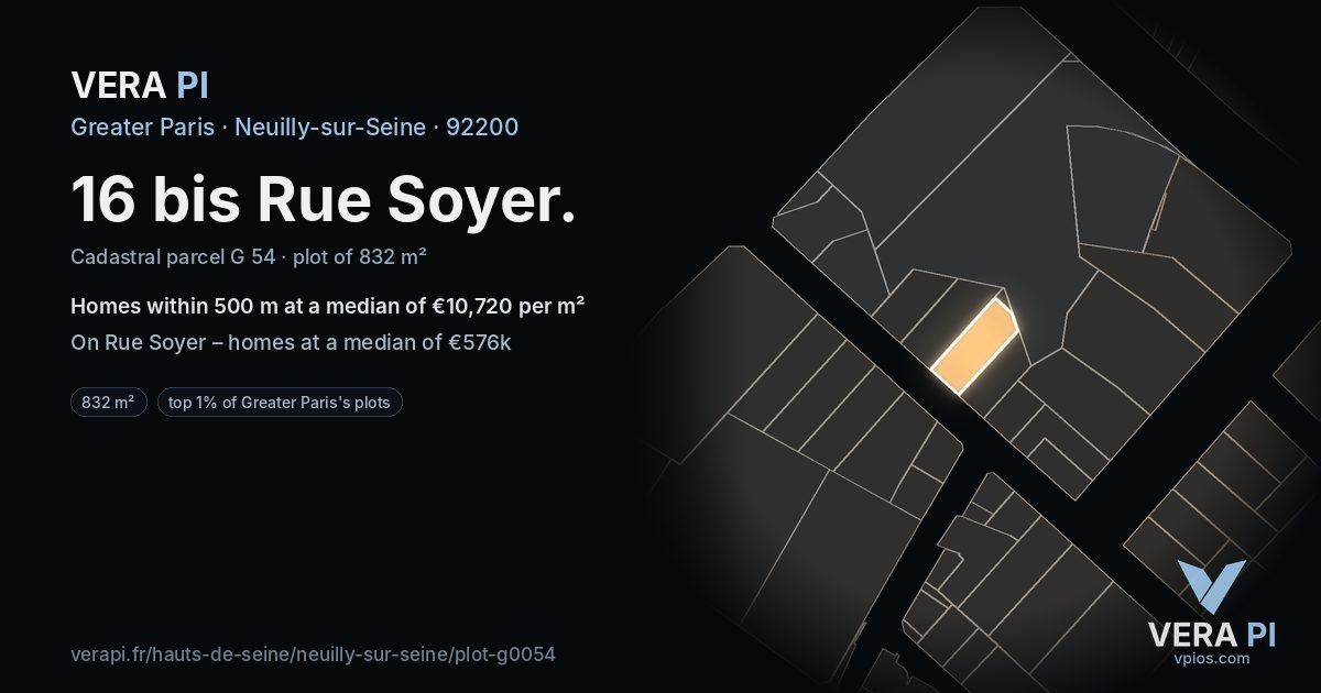 16 bis Rue Soyer, Neuilly-sur-Seine at night – the plot lit, the parcels around coloured by the prices near them