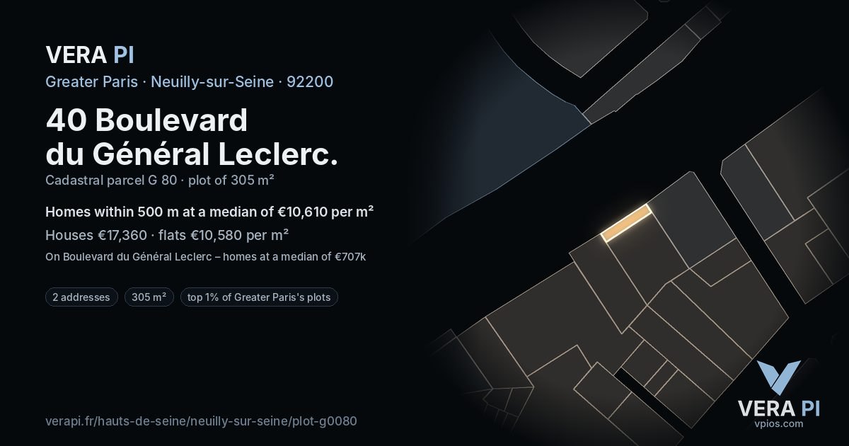 40 Boulevard du Général Leclerc, Neuilly-sur-Seine at night – the plot lit, the parcels around coloured by the prices near them