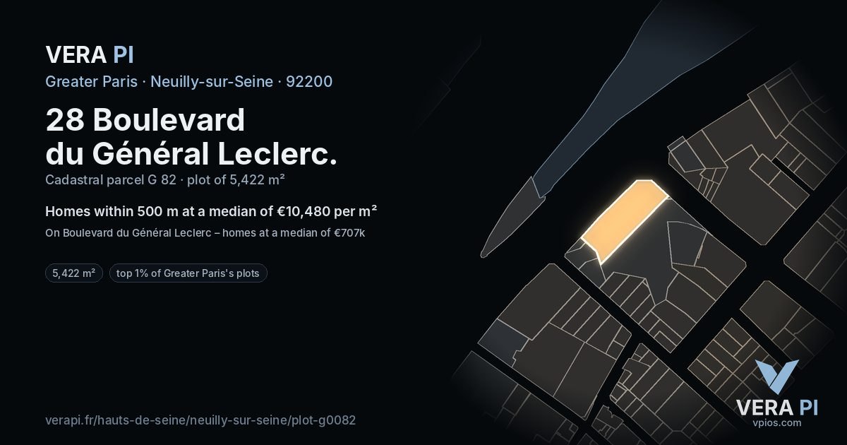 28 Boulevard du Général Leclerc, Neuilly-sur-Seine at night – the plot lit, the parcels around coloured by the prices near them