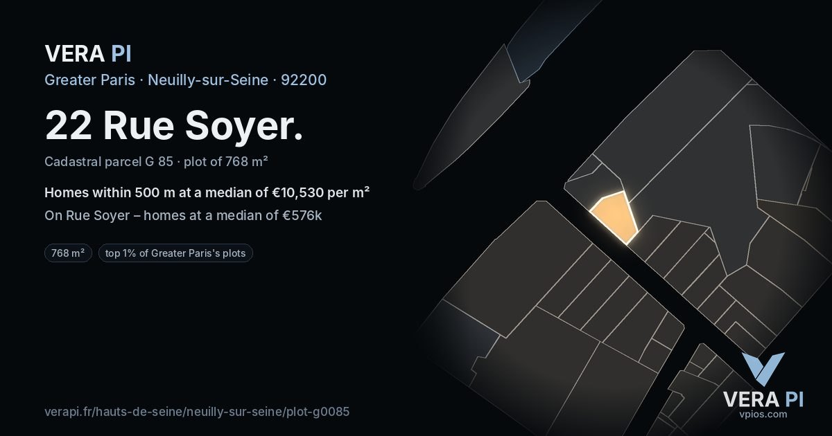 22 Rue Soyer, Neuilly-sur-Seine at night – the plot lit, the parcels around coloured by the prices near them