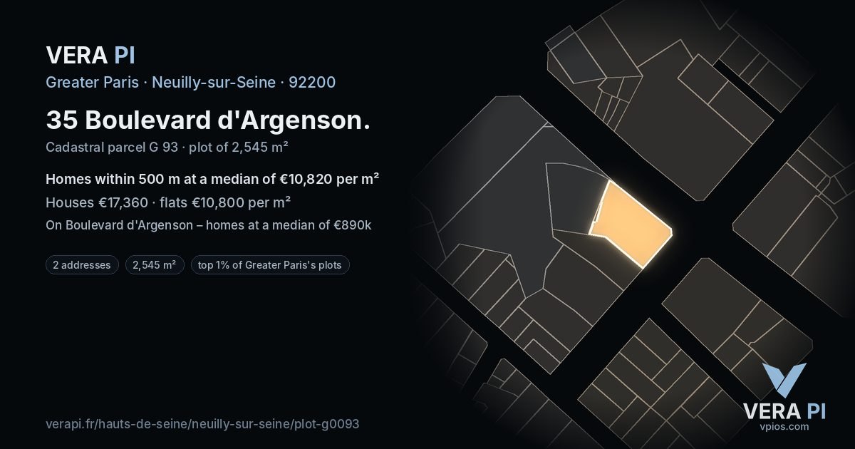 35 Boulevard d'Argenson, Neuilly-sur-Seine at night – the plot lit, the parcels around coloured by the prices near them