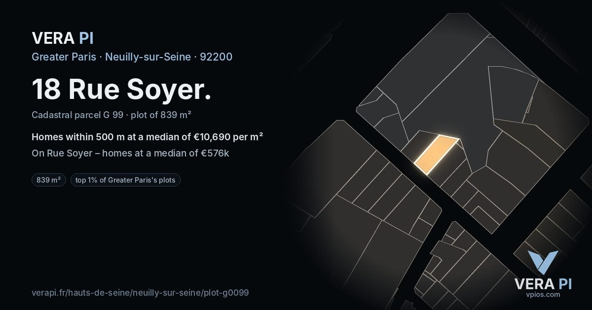 18 Rue Soyer, Neuilly-sur-Seine at night – the plot lit, the parcels around coloured by the prices near them