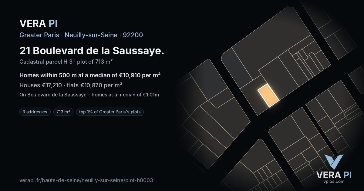 21 Boulevard de la Saussaye, Neuilly-sur-Seine at night – the plot lit, the parcels around coloured by the prices near them