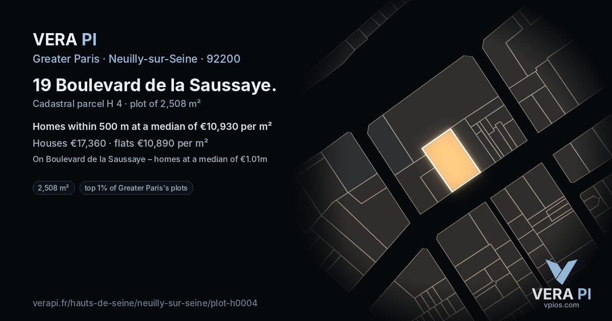 19 Boulevard de la Saussaye, Neuilly-sur-Seine at night – the plot lit, the parcels around coloured by the prices near them