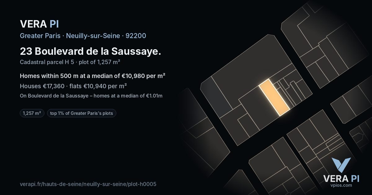 23 Boulevard de la Saussaye, Neuilly-sur-Seine at night – the plot lit, the parcels around coloured by the prices near them