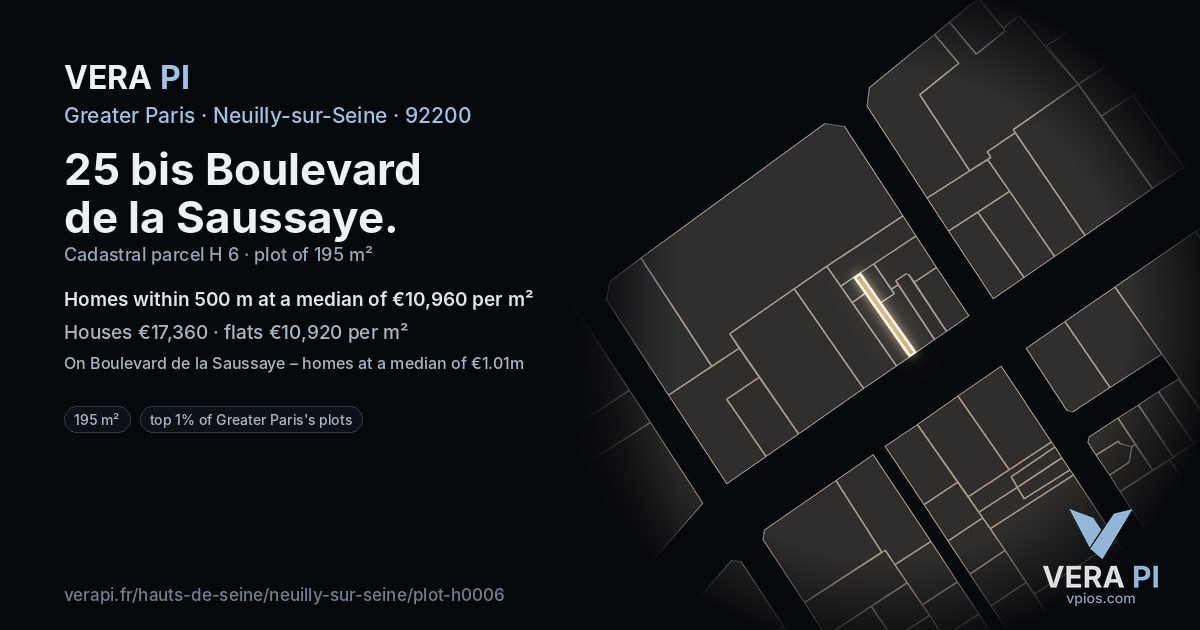 25 bis Boulevard de la Saussaye, Neuilly-sur-Seine at night – the plot lit, the parcels around coloured by the prices near them