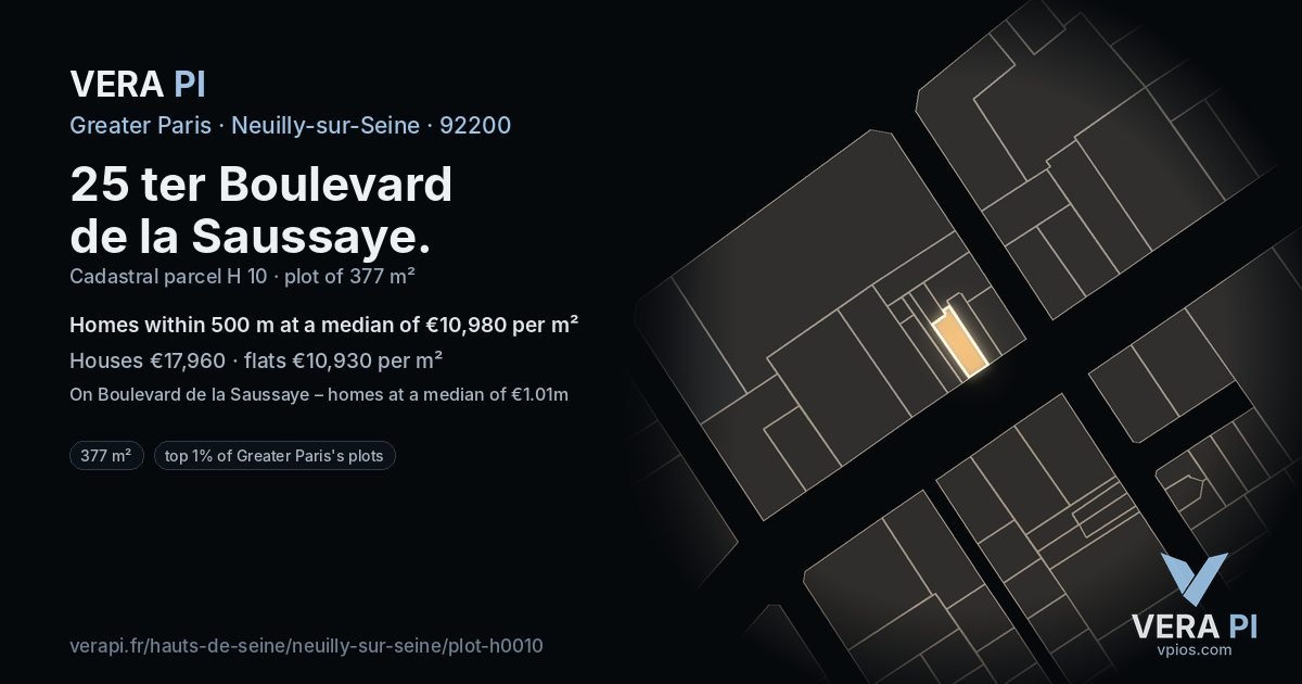 25 ter Boulevard de la Saussaye, Neuilly-sur-Seine at night – the plot lit, the parcels around coloured by the prices near them