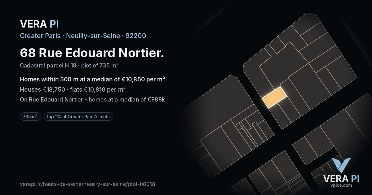 68 Rue Edouard Nortier, Neuilly-sur-Seine at night – the plot lit, the parcels around coloured by the prices near them