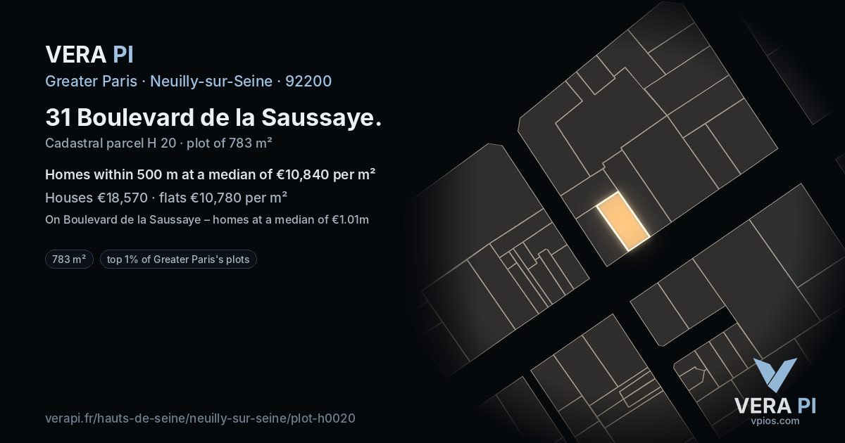 31 Boulevard de la Saussaye, Neuilly-sur-Seine at night – the plot lit, the parcels around coloured by the prices near them
